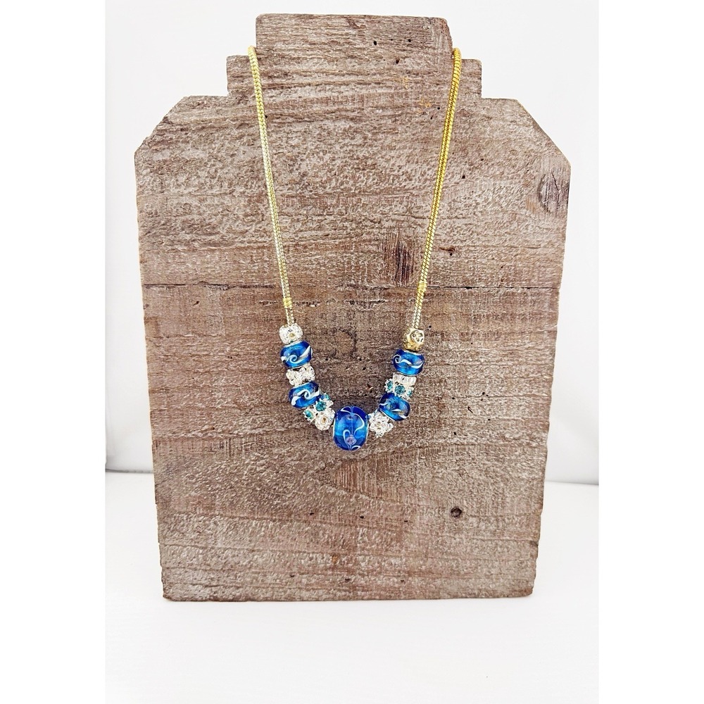 Handcrafted Snake Chain Necklace With Blue & White Beads & Silvertone Spacers